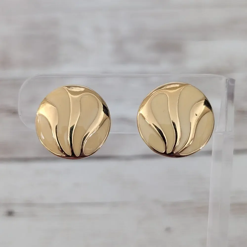 Vintage Clip On Earrings Retro Circle Cream & Gold Tone 0.75
